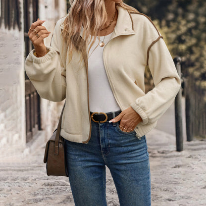 Cropped Fleece Jacket with Stand Collar and Color-Block Trim