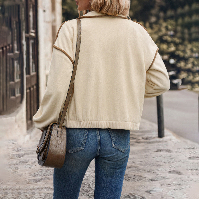 Cropped Fleece Jacket with Stand Collar and Color-Block Trim