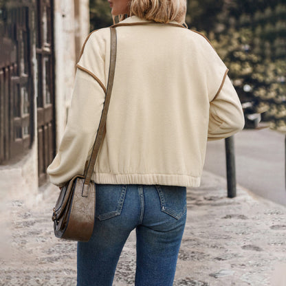 Cropped Fleece Jacket with Stand Collar and Color-Block Trim