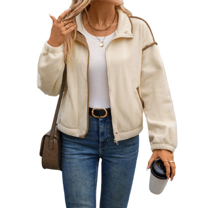 Cropped Fleece Jacket with Stand Collar and Color-Block Trim