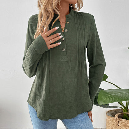 Crinkled Army Green Shirt with Stand Collar and Henley Placket