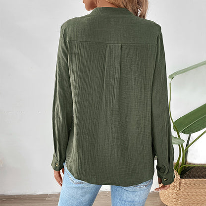 Crinkled Army Green Shirt with Stand Collar and Henley Placket