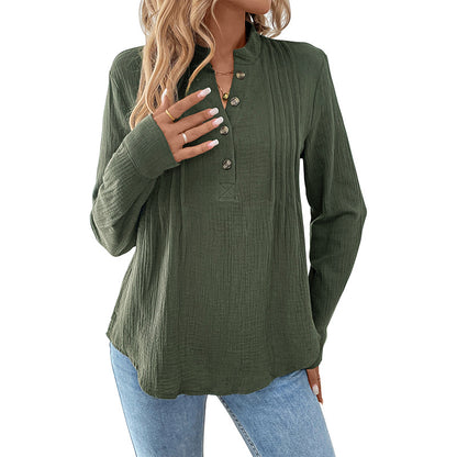 Crinkled Army Green Shirt with Stand Collar and Henley Placket