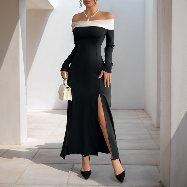 Color-Blocked Bodycon Maxi Dress with Off-Shoulder and Slit