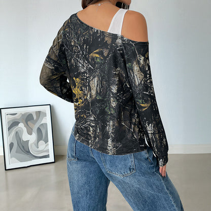 Loose Camouflage Long Sleeve Top with Off-Shoulder Design
