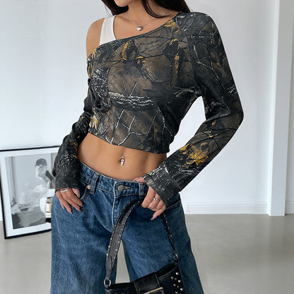 Loose Camouflage Long Sleeve Top with Off-Shoulder Design