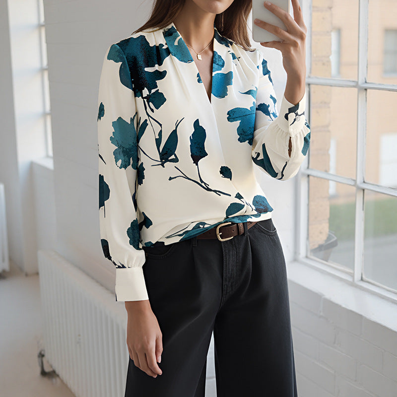 Artistic Floral Print Blouse with V-Neck and Lantern Sleeves