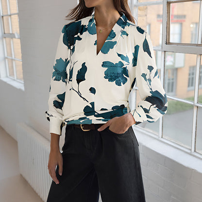 Artistic Floral Print Blouse with V-Neck and Lantern Sleeves