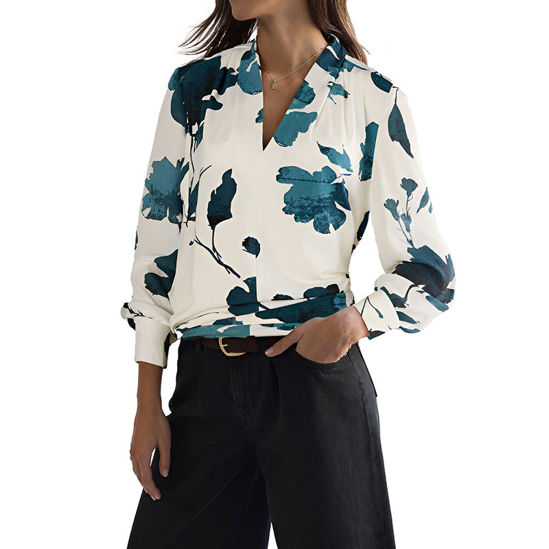 Artistic Floral Print Blouse with V-Neck and Lantern Sleeves