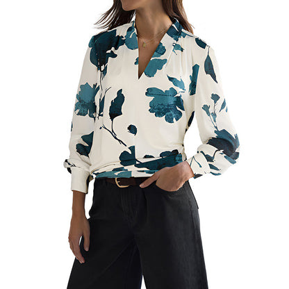 Artistic Floral Print Blouse with V-Neck and Lantern Sleeves