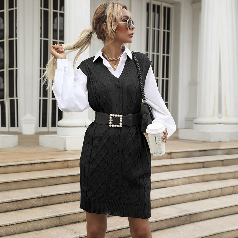 Sleeveless Cable Knit Sweater Dress with V-Neck
