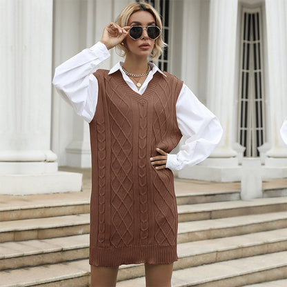 Sleeveless Cable Knit Sweater Dress with V-Neck