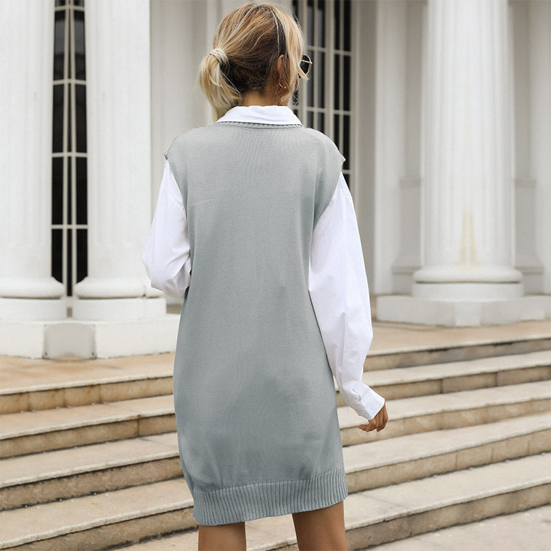 Sleeveless Cable Knit Sweater Dress with V-Neck