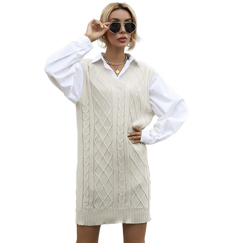 Sleeveless Cable Knit Sweater Dress with V-Neck