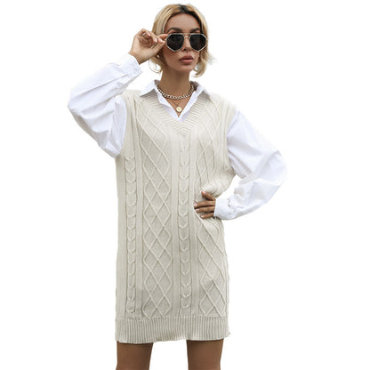 Sleeveless Cable Knit Sweater Dress with V-Neck