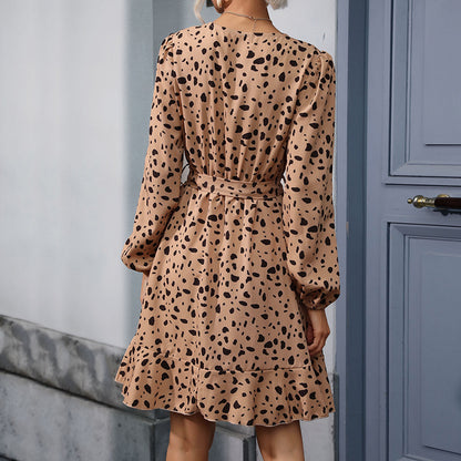 Leopard Print Wrap Dress with V-Neck and Puff Sleeves