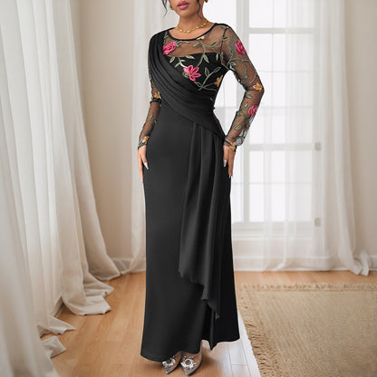 Maxi Dress with Floral Embroidered Sheer Sleeves and Asymmetrical Drape