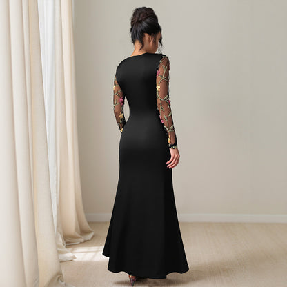 Maxi Dress with Floral Embroidered Sheer Sleeves and Asymmetrical Drape