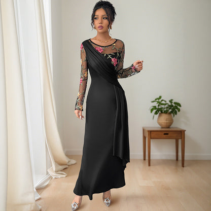 Maxi Dress with Floral Embroidered Sheer Sleeves and Asymmetrical Drape