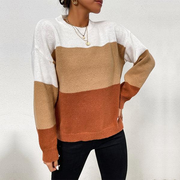 Loose Fit Striped Color-Block Knit Sweater with Round Neck