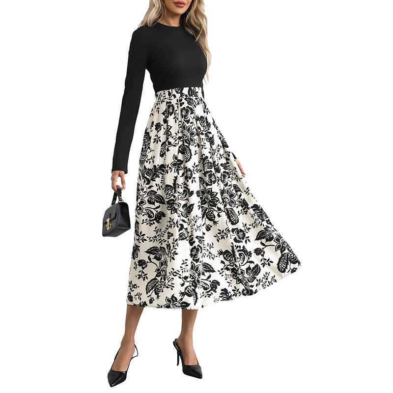 Patchwork Floral Midi Dress with Long Sleeves and Half-Turtleneck