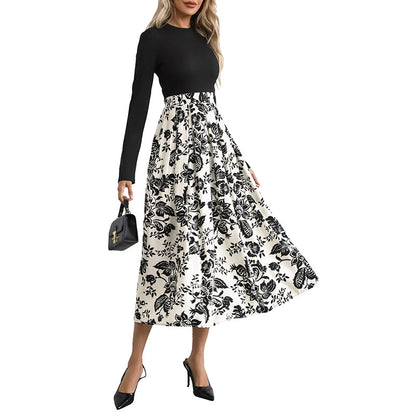 Patchwork Floral Midi Dress with Long Sleeves and Half-Turtleneck