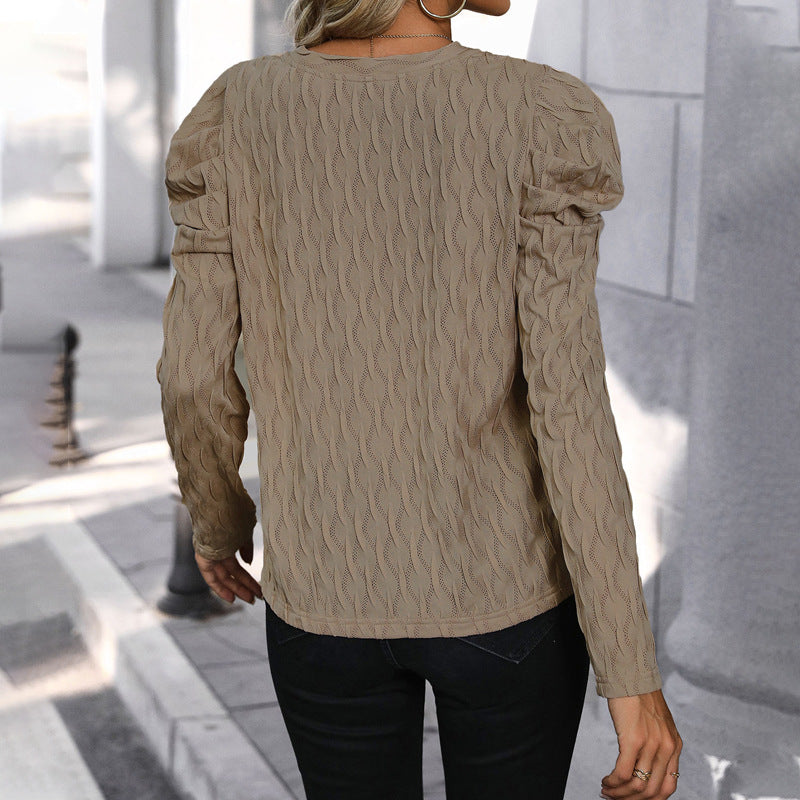 Textured Pullover with V-Neck and Puff Sleeves
