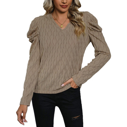 Textured Pullover with V-Neck and Puff Sleeves