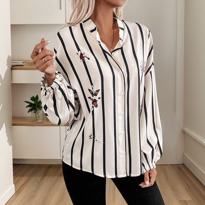 Striped Button-Down Shirt with Butterfly Print and Balloon Sleeves