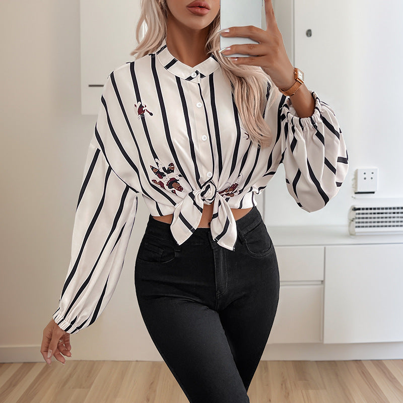 Striped Button-Down Shirt with Butterfly Print and Balloon Sleeves