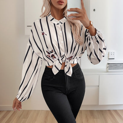 Striped Button-Down Shirt with Butterfly Print and Balloon Sleeves