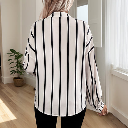 Striped Button-Down Shirt with Butterfly Print and Balloon Sleeves