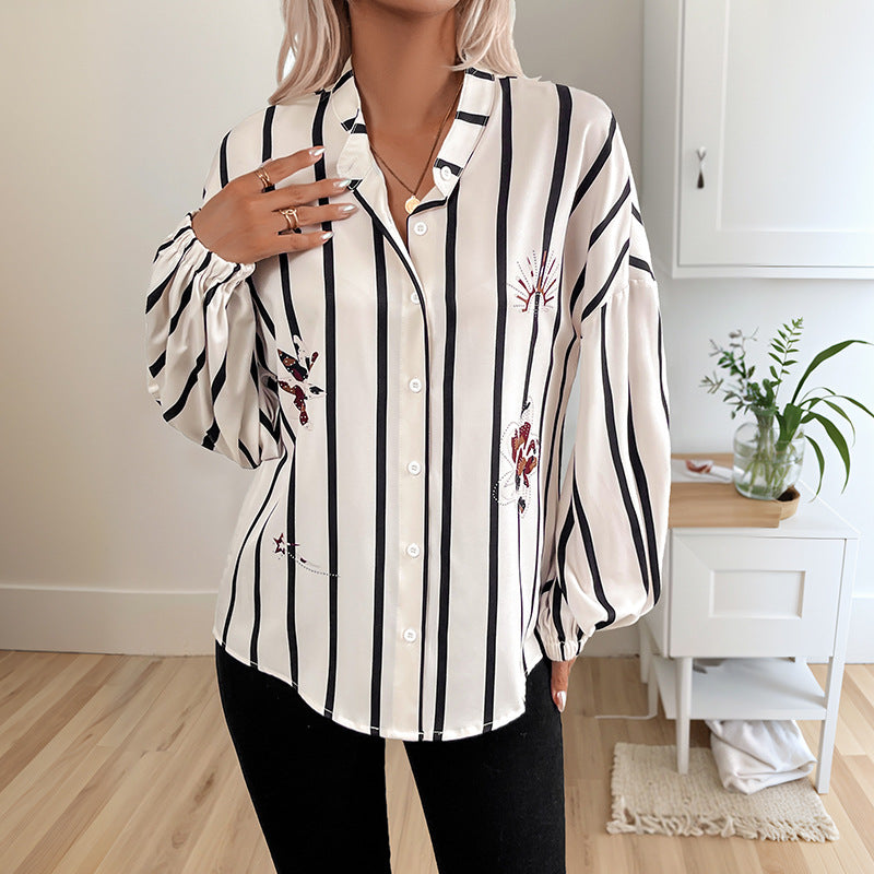 Striped Button-Down Shirt with Butterfly Print and Balloon Sleeves