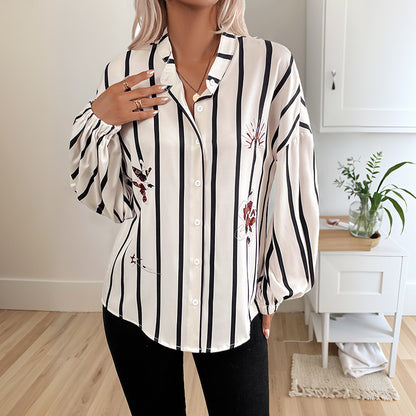 Striped Button-Down Shirt with Butterfly Print and Balloon Sleeves