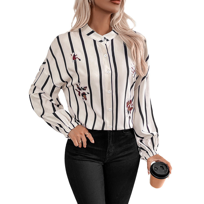 Striped Button-Down Shirt with Butterfly Print and Balloon Sleeves