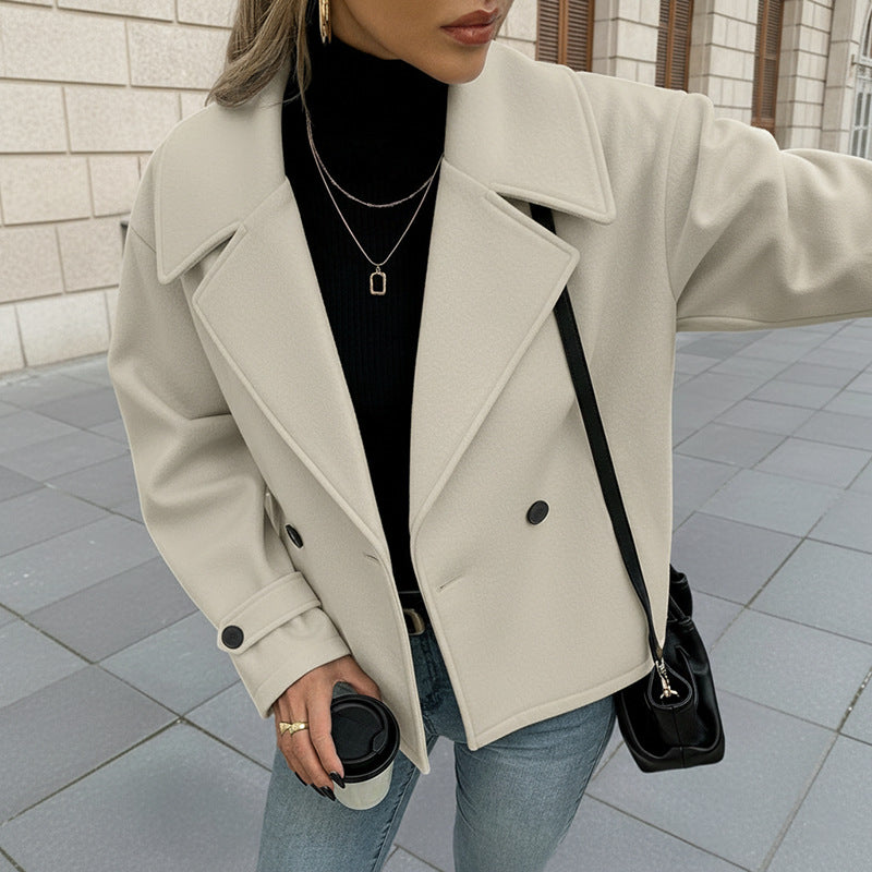 Cropped Double-Breasted Coat with Notched Lapels