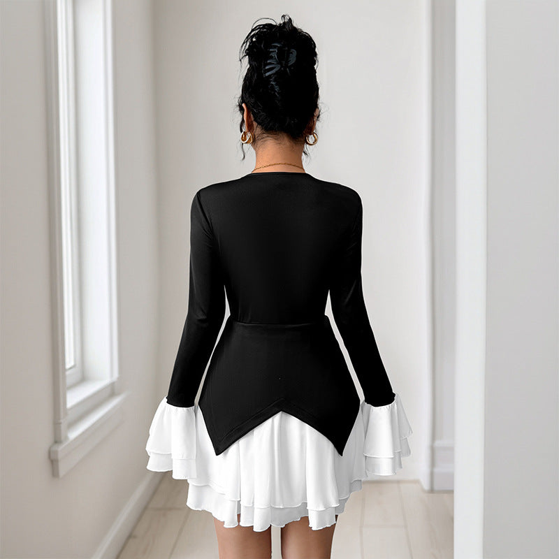 Color Block Mini Dress with V-Neck and Ruffled Details