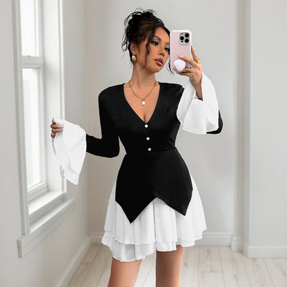 Color Block Mini Dress with V-Neck and Ruffled Details