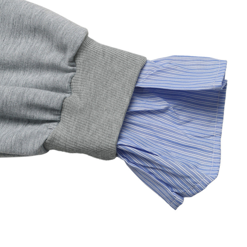 Fake Two-Piece Sweatshirt with Striped Polo Collar