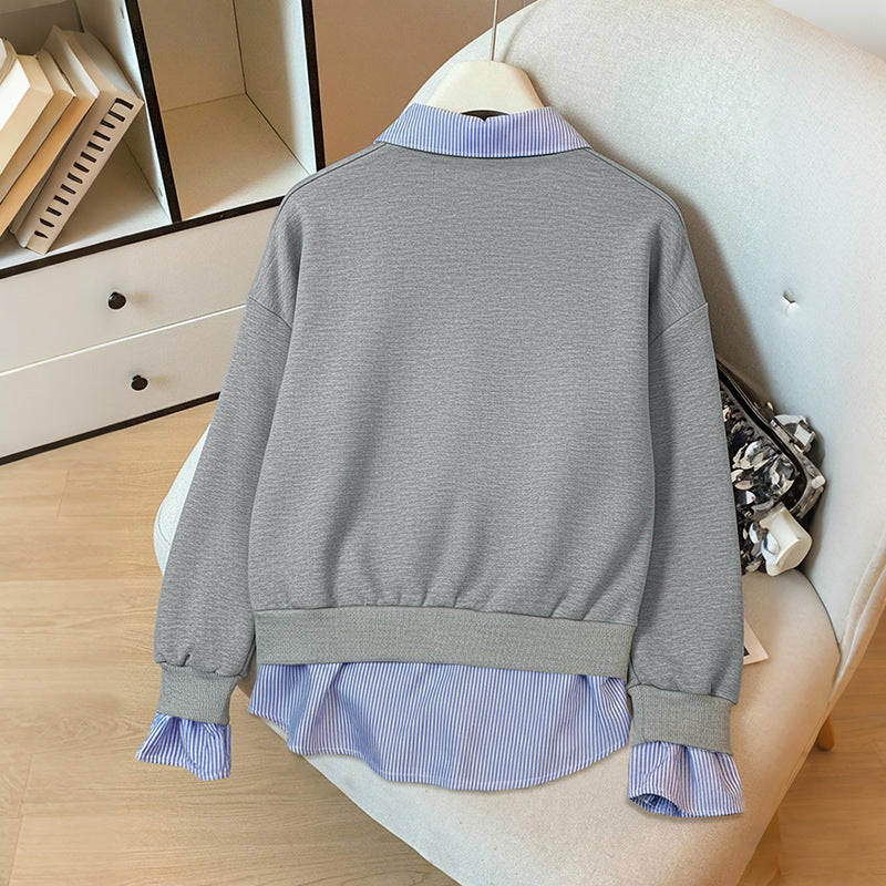Fake Two-Piece Sweatshirt with Striped Polo Collar