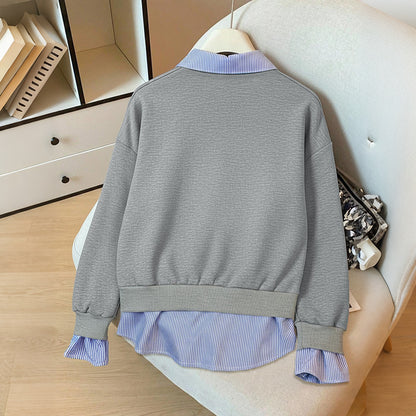 Fake Two-Piece Sweatshirt with Striped Polo Collar