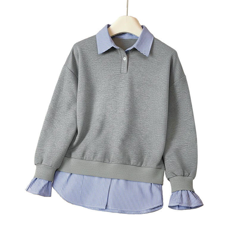 Fake Two-Piece Sweatshirt with Striped Polo Collar
