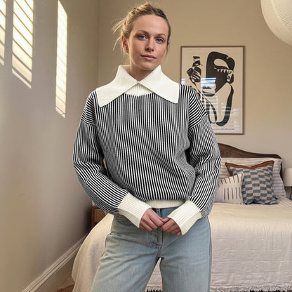 Striped Knit Pullover with Oversized Collar