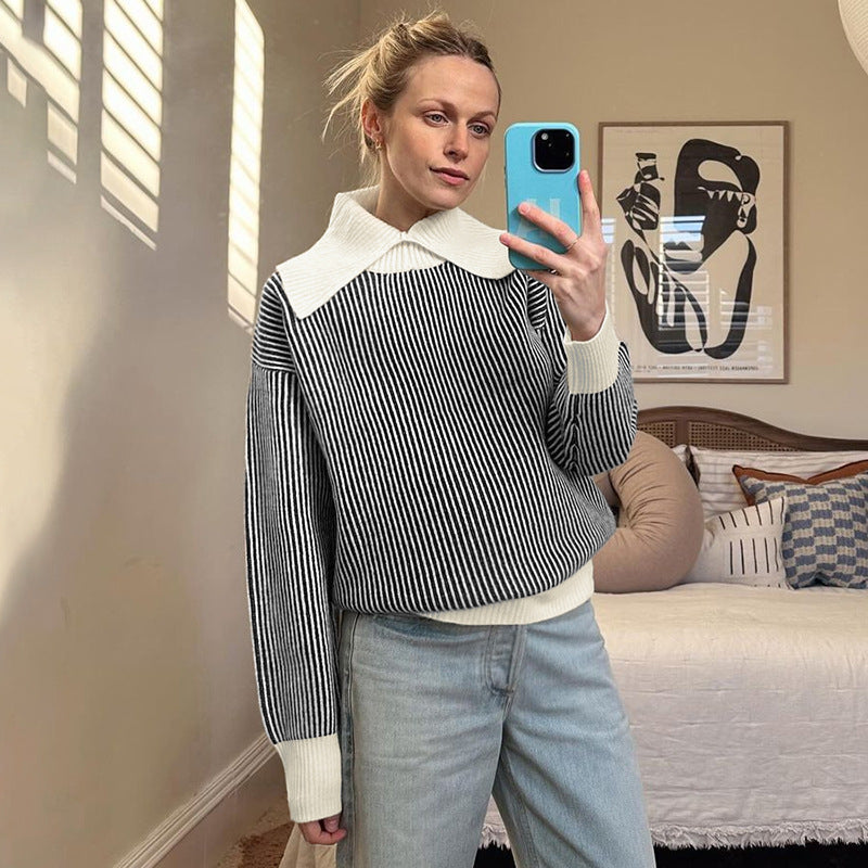 Striped Knit Pullover with Oversized Collar