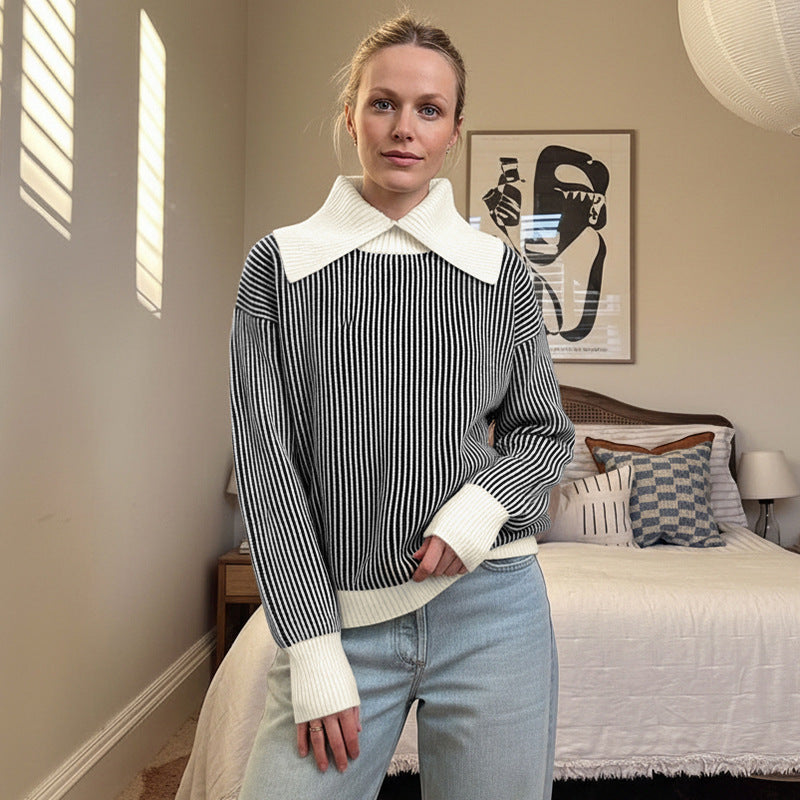 Striped Knit Pullover with Oversized Collar