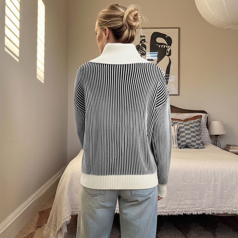 Striped Knit Pullover with Oversized Collar