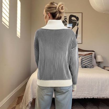 Striped Knit Pullover with Oversized Collar