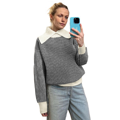 Striped Knit Pullover with Oversized Collar