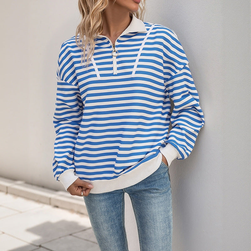 Loose Striped Polo Sweatshirt with Quarter-Zip