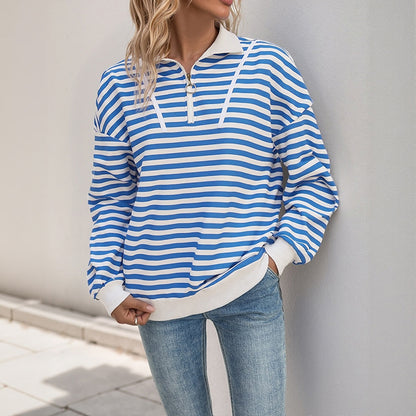 Loose Striped Polo Sweatshirt with Quarter-Zip